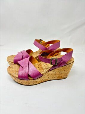 Kork Ease Pink Leather Wedge Sandals Womens 11 Cork Platform Ankle Strap